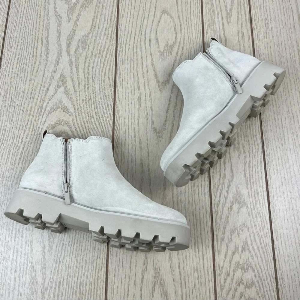 Franco Sarto Balin Lug Sole Ankle Short Booties 9.5M Aluminum Suede/fabric $139